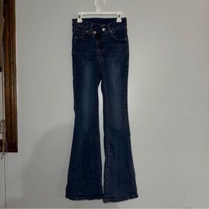 Chuu Made Medium Wash Flared Jeans K-Pop Asymmetrical Waist Y2K Retro